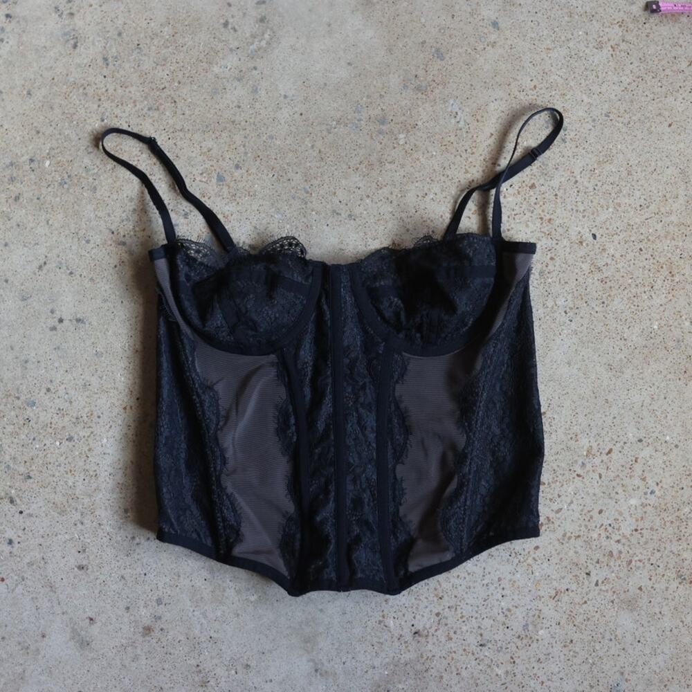 Urban Outfitters Y2K Black + Brown Lace Mesh Bustier Corset Crop Top Cami Large